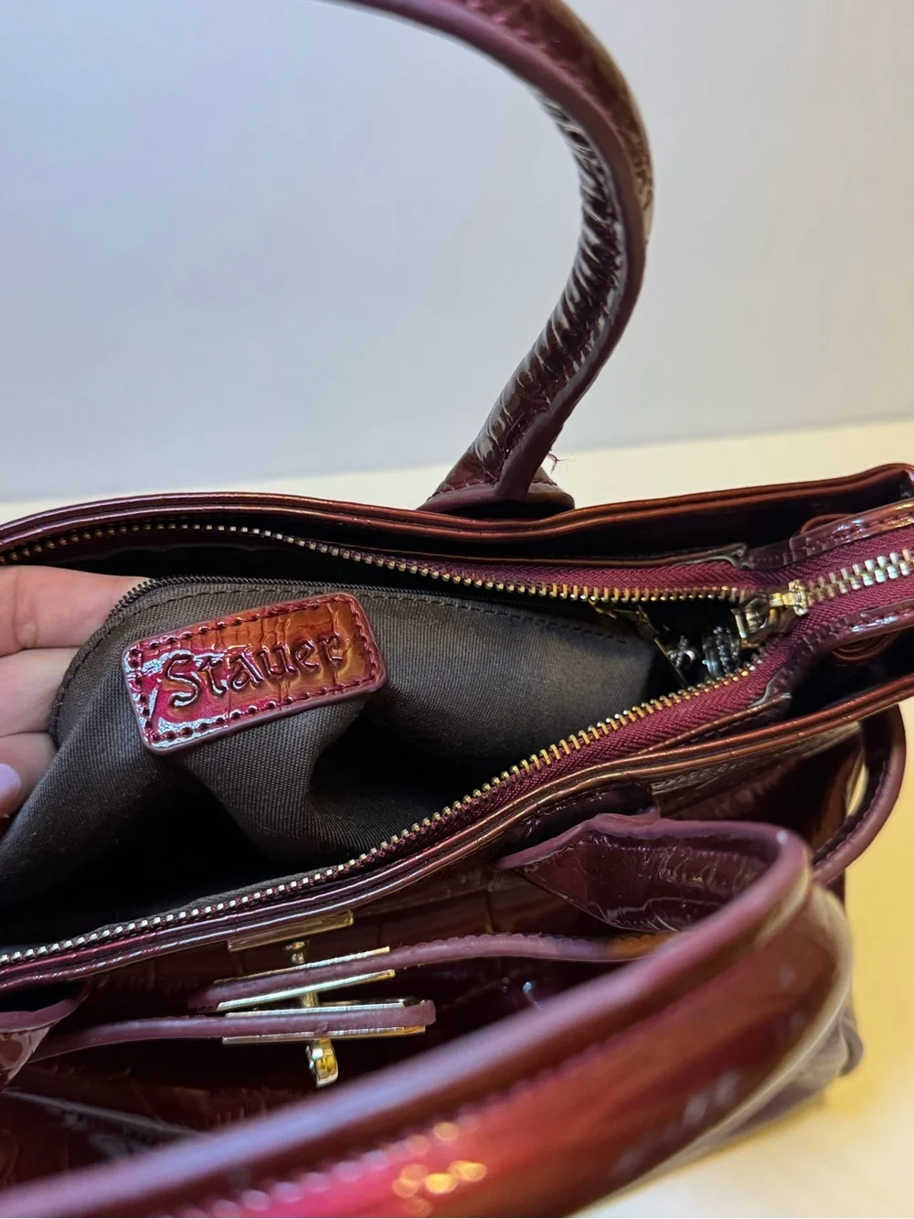 Women's Patent Croc Satchel Handbag in Deep Burgundy